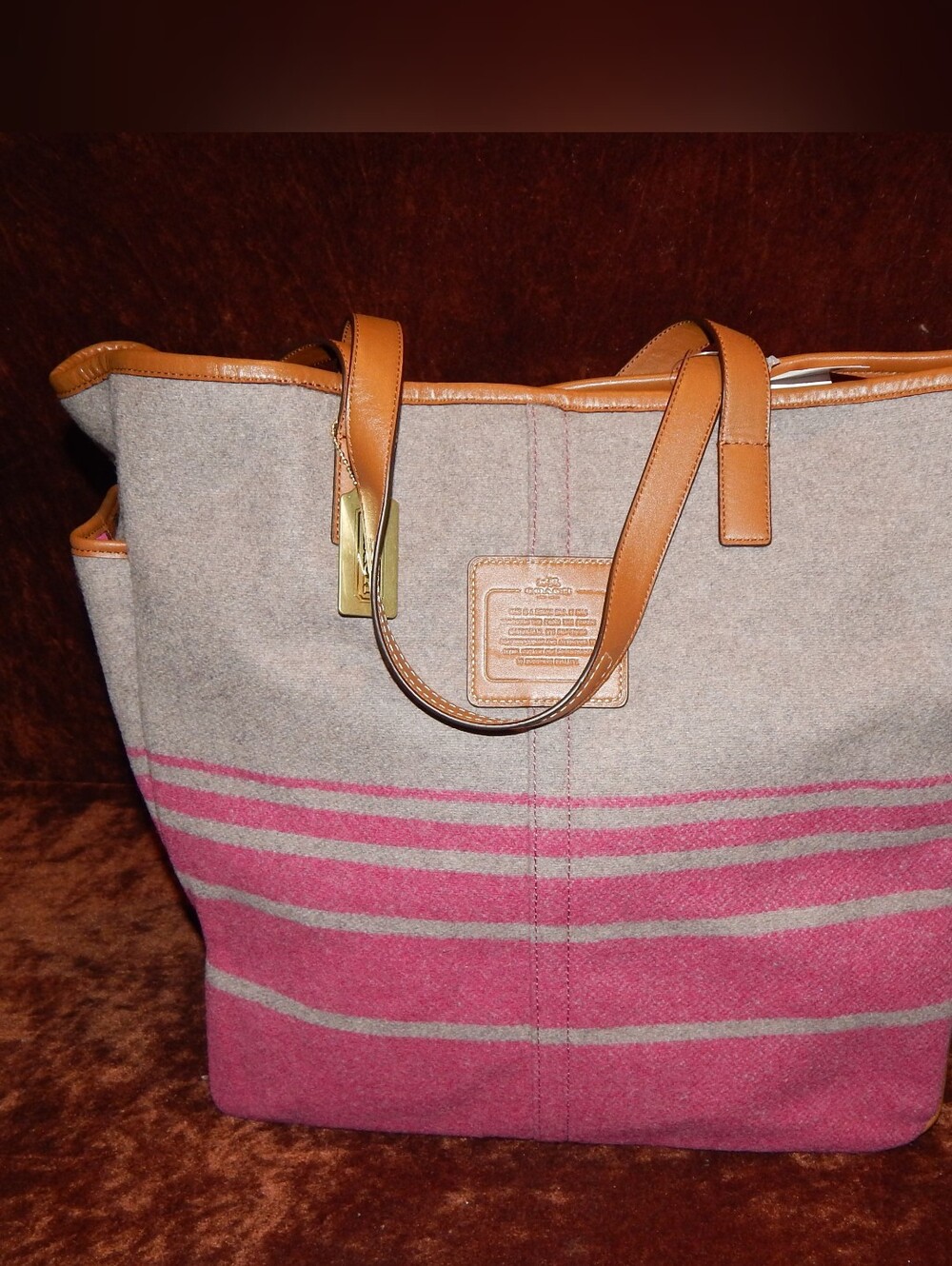 Coach Pink and Tan Striped Wool Tote